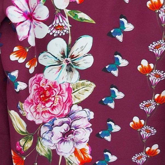 Parker Bohemian Contemporary Maroon Floral Butterflies Silk Blouse Top L (O15) - Picture 8 of 13